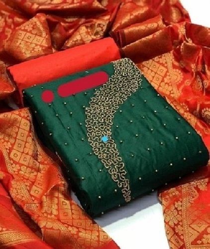 Green Leranath Fashion Chanderi Ladies Designer Suit Salwar With Embordered Dupatta