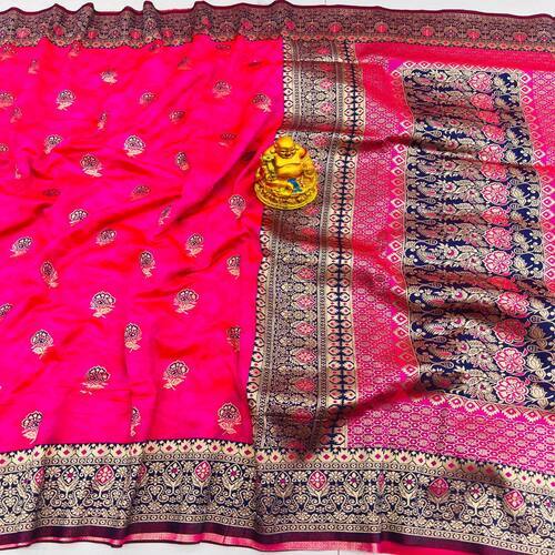 Party Wear Dark Pink & Blue-Toned Floral Sequined Silk Blend Banarasi Saree