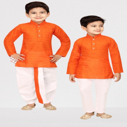 एथेंटिक फुल स्लीव्स कॉटन फ़ैब्रिक डार्क ऑरेंज कुर्ता और पजामा एज ग्रुप: 6-12