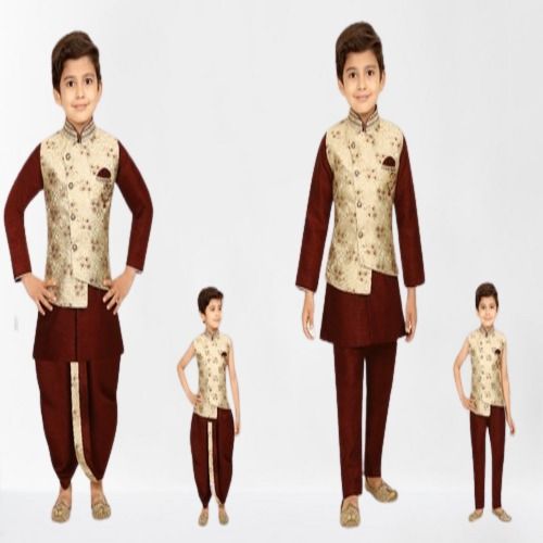 Stand Collar Full Sleeves And Design Jacket Maroon Kids Kurta And Pajama