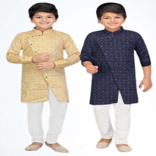 हैंडलूम फुल स्लीव्स क्रीम ब्लू कुर्ता और व्हाइट पायजामा