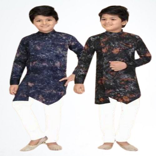 Indian Full Sleeves Stand Collar Blue And Black Printed Kids Kurta And Pajama 