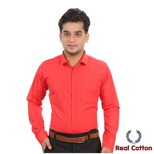 Real Cotton Lt Red Plain Poplin Mens Full Sleeves Shirt With Front Pocket Chest Size: 39