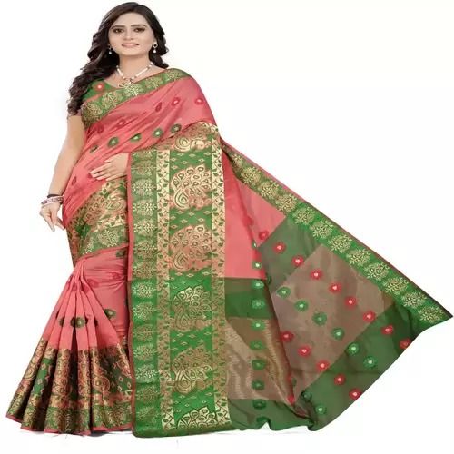 Traditional Banarsi Cotton Blend Saree, Self Design Soft Silky Green And Pink 