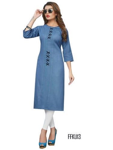 Tear Resistance Round Neck 3/4Th Sleeve Printed Blue Regular Fit Long Straight Ladies Kurti Decoration Material: Feather