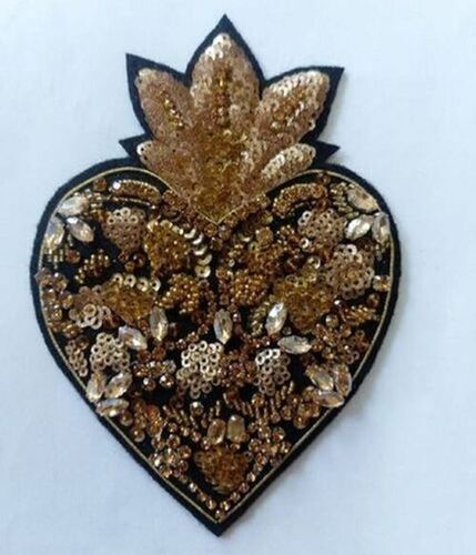 Golden And Black Heart Sequins Work Hand Embroidered Patch