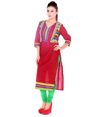 Anti Wrinkle Red Color Ladies Kurti For Ladies With Embroided Work And Normal Wash