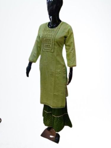 Cotton Kurta Olive Green Slub Straight Kurta Fit Type Regular Pattern Embroidered Bust Size: 32  Centimeter (Cm)