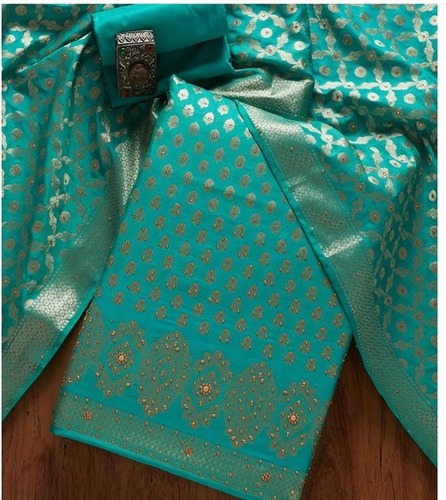 Breathable Green And Golden Embroidered Cotton Polyester Unstitched Indian Suit For Ladies 