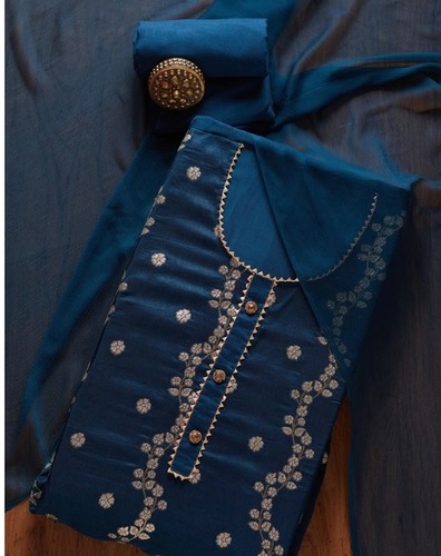 Navy Blue Embroidered Cotton Polyester Unstitched Indian Suit For Ladies