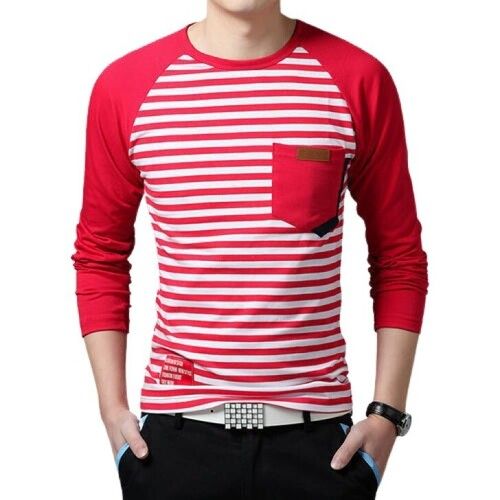  लाल और सफ़ेद कॉटन स्ट्राइप्ड कैज़ुअल टी शर्ट