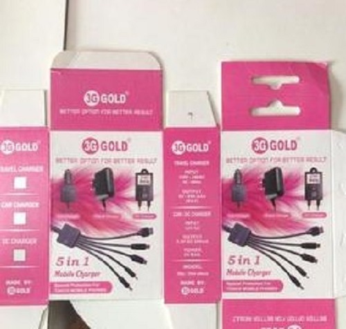 Eco Friendly Customize Mobile Charger Printed Card Board Packaging Box - High Quality Paper, 5x3 Inches, Pink Color, Glossy Lamination Finish | Unique Flip Design, Durable Protection Against Dust and Scratches