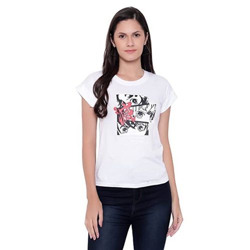 Women'S Half Sleeves Round Neck Regular Fit Printed Cotton White Top Length: 16 Inch (In)