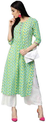 Indian Ladies 3/4Th Sleeves Round-Neck Green And White Rayon Printed Kurta And Palazzo Set