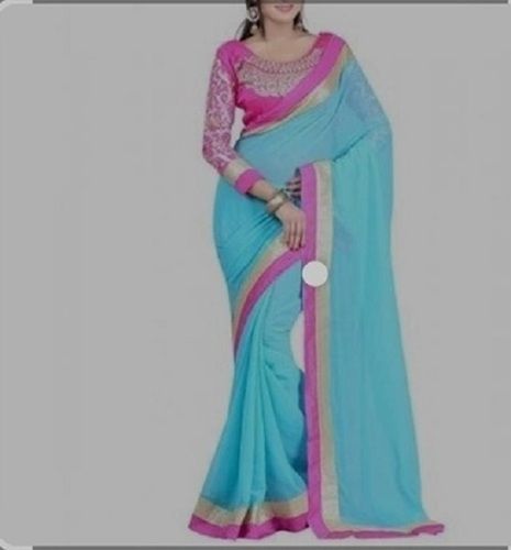 Various Sizes Are Available Women Lace Border Work Blue Georgette Saree For Casual Wear