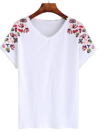 Easily Washable Short Sleeves V Neck Printed Cotton Embroidery T Shirt For Women  Age Group: 16 To 20 Years