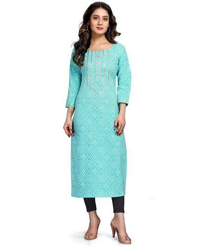 Full Sleeves Sky Blue Printed Cotton Kurti