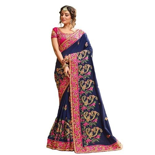 Ladies Embroidered Zari Work Georgette Designer Saree With Unstitched Blouse