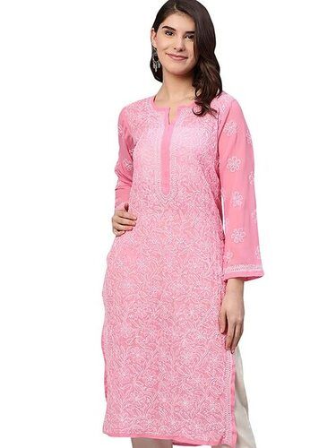 Skin Friendly Chikan Embroidery Light Pink Beautiful Fancy Stylish Kurti