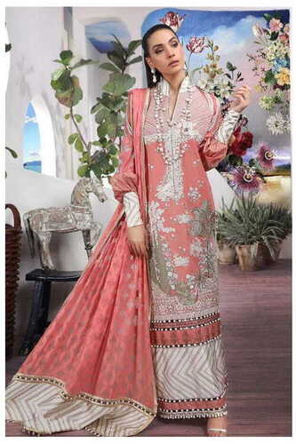 Women Full Sleeves V Neck Party Wear Printed Embroidered Pink And Silver Suits 