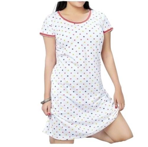 Printed White Dotted Short Sleeves Hosiery Night Slip For Ladies Daily Wear 