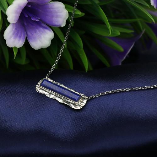 Anniversary 925 Sterling Silver Lapis Hammered Bezel Necklace