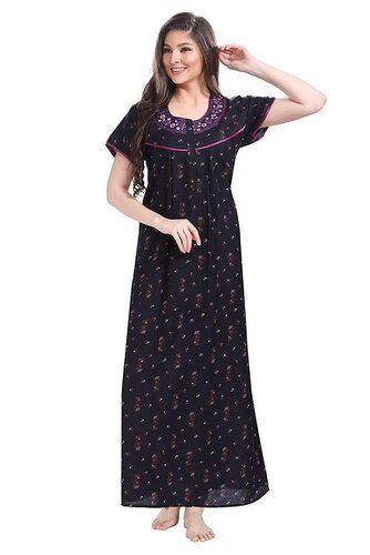 Soft Cotton Comfortable Soft Silky Printed Embroidered Neck Nightgowns Bust Size: M-36