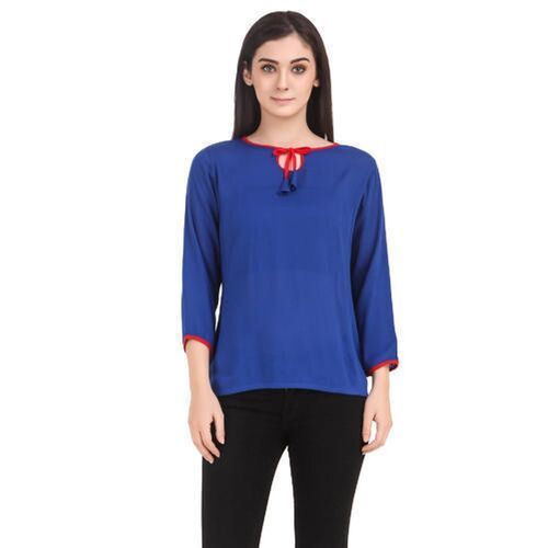 Casual Plain Pattern Pure Cotton Fabric Featured Blue Top For Women