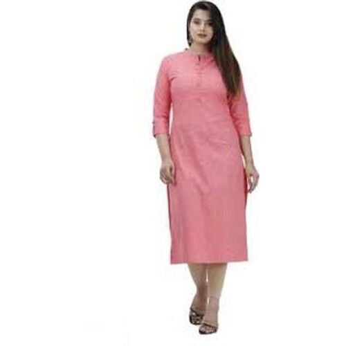 Long Sleeves Plain Pattern Simple Cotton Satin Fabric Pink Kurti For Women