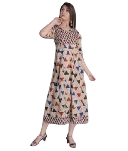 Modern Soft And Comfortable Round Neck Printed Satin-Cotton Blend Kurti