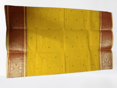 डेली वियर वुमन सुंदर और सांस लेने योग्य हल्के वज़न की कॉटन हैंड बूटी पीली साड़ी