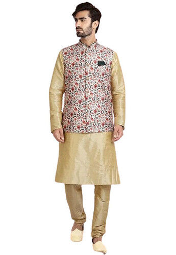 Mens Full Sleeves Cream Kurta Pajama With Printed Waistcoat