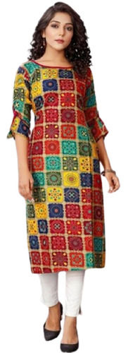 Indian Ladies 3/4 Sleeve Round Neck Breathable And Comfortable Multicolor Printed Cotton Suits 