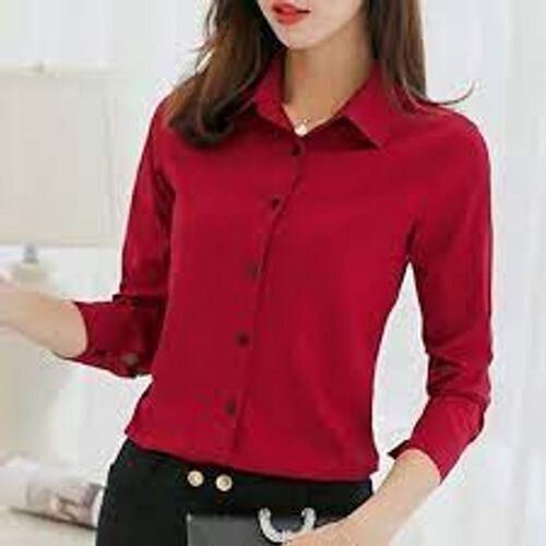 Plain Full Sleeves Straight Collar Breathable Pure Cotton Red Shirt For Women