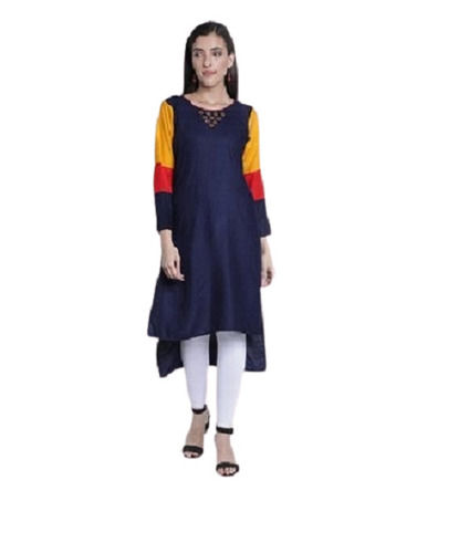 Comfortable Casual And Party Wear Ladies Rayon Multi-Color Navy Blue Straight Kurti Decoration Material: Paint