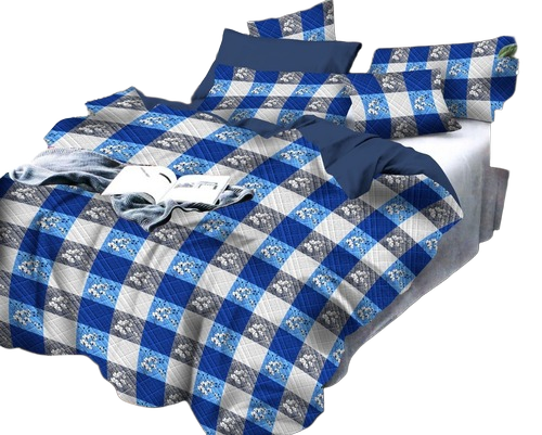 Check Print Polly Cotton King Size Blue Bedsheet With Two Matching Pillow Covers - Feature: Breathable
