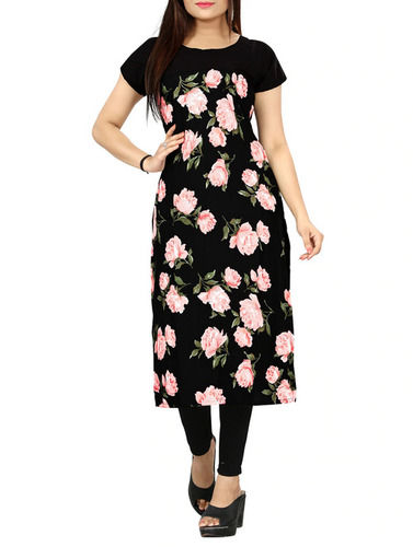 100% Pure Cotton Black Colour Printed Kurti For Women With Short Sleeves And Round Neck Bust Size: 32 Inch (In)