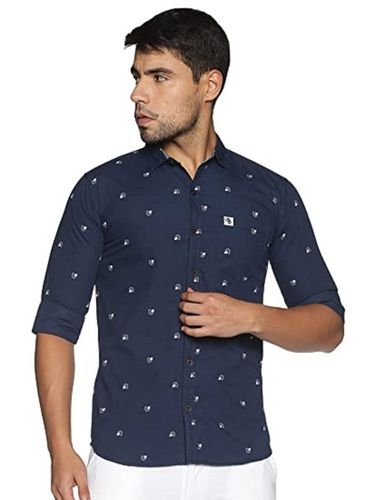 Blue Color Regular Fit And Breathable Full Sleeves Collar Neck Printed Men'S Shirt Collar Style: Classic