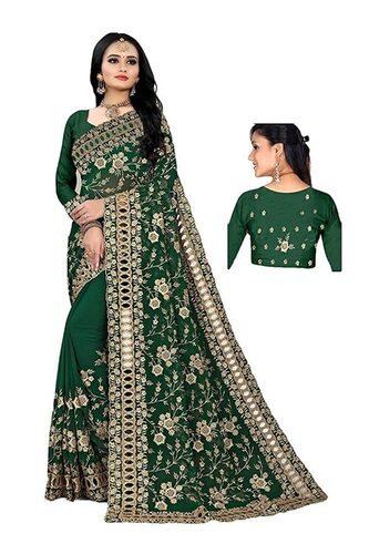 Embroidery Worked Saree - Stylish Green Embroidered Resam Work for Party Wear | Wrinkle Free, Perfect for Gifting, All Season Wear