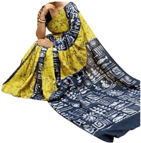 Yellow And Black Stylish Printed Cotton Saree For Ladies