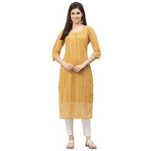 Straight Pateern Hand Embroidery Worked Yellow Georgette Lucknowi Kurti Application: Commercial