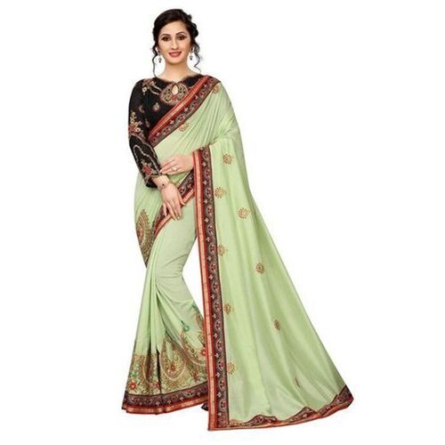 Bollywood Stone Work Embroidered Laces Pista Chiffon Saree With Blouse