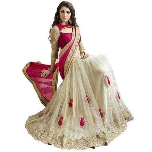 Stone Work Embroidered Lahenga Style White And Pink Designer Net Saree