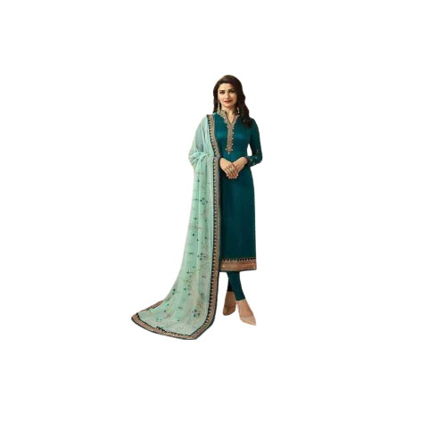 Georgette Satin Embroidered Turquoise Anarkali Salwar Suit - Color: Green