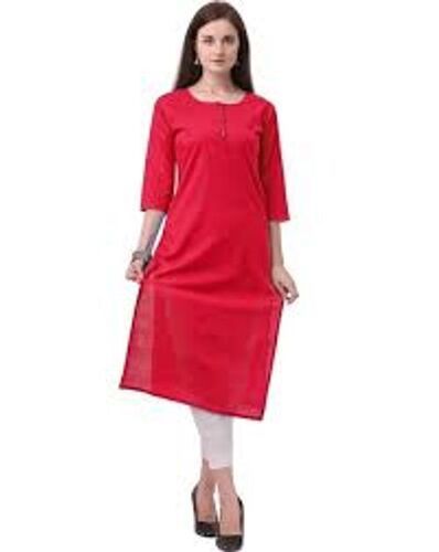 Red Comfortable 3/4Th Sleeve Plain Round Neck Cotton Kurti For Ladies