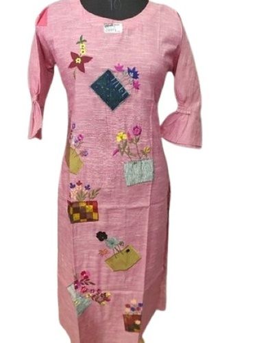 Pink Cotton Round Neck Printed Ladies Kurti For Casual And Regular Wear Decoration Material: Paint