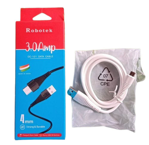 Pvc Portable And Lightweighted Fast Charging White Robotek 3.0A Usb Data Cable