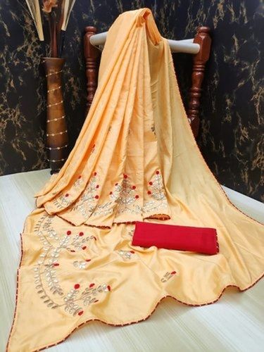 Party Wear Skin Friendly Light Yellow Embroidered Fancy Saree With Blouse Piece Set