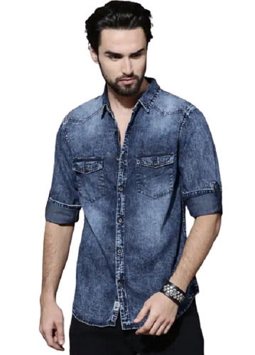 Blue 100 Percent Premium Cotton Men Casual Denim Shirt Light