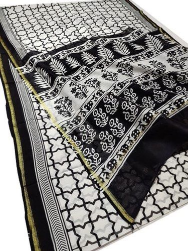 Balck Black Printed With Golden Border Cotton Silk Ladies Saree With Blouse Piece Set